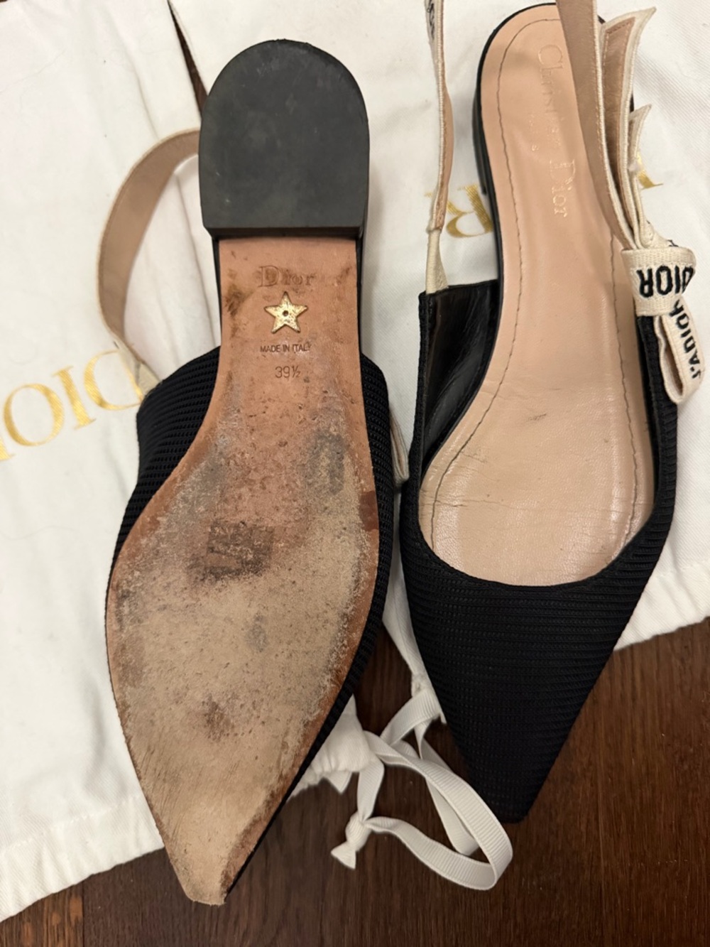 Dior Black Pointed-Toe J'Adior Slingback Flats with Cream Ribbon - Picture 3 of 3